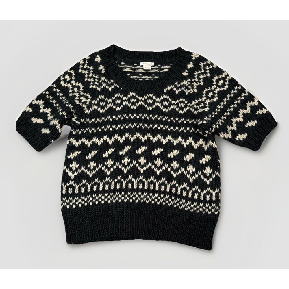 Sundance Sweater Women's Size L Wool Blend Chunky Knit Nordic Short Sleeve Black